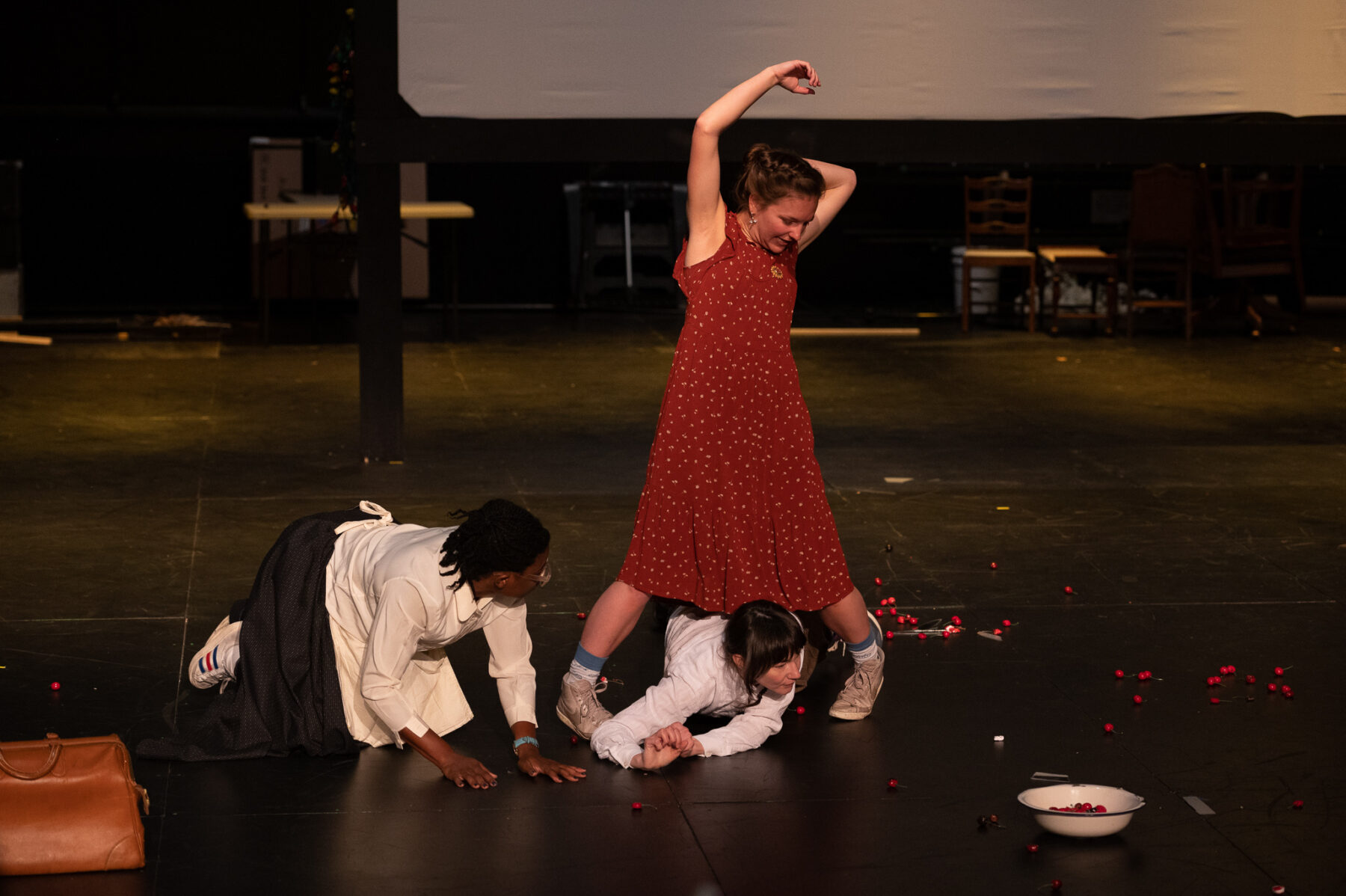 Brett Ashley Robinson, Campbell O'Hare, and Sarah Gliko rehearse. Photo by Johanna Austin.